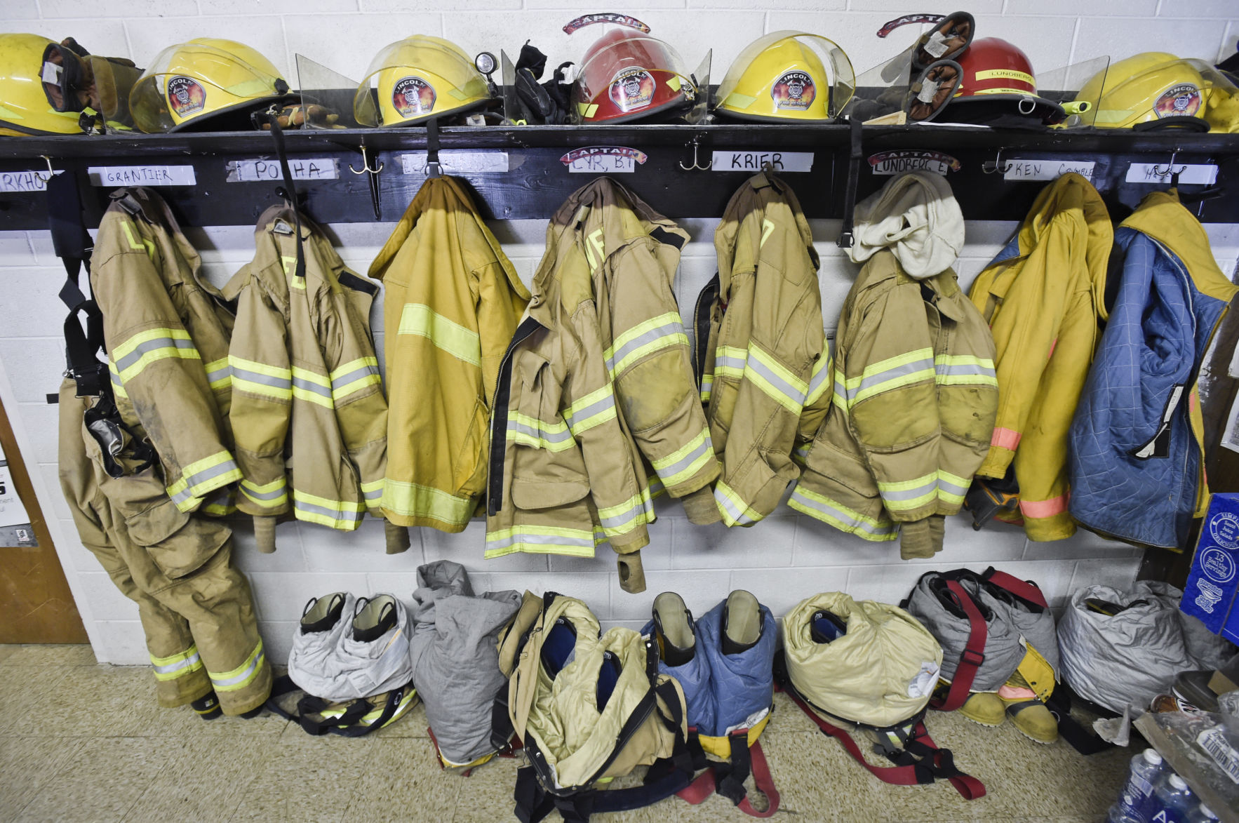 Firefighting gear hangs in the Lincoln Volunteer Fire Station recently.